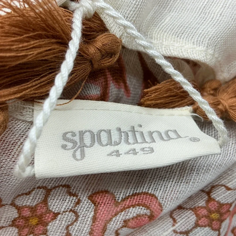 Spartina 449 Scarf Womens White Brown Paisley Tassel Trim Square Lightweight